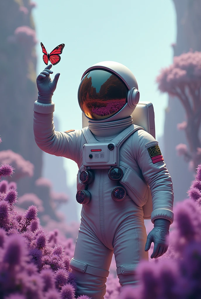 High quality best quality astronaut from the front one arm raised almost touching a erfly just one butty almost at the astronaut's fingertips garden from another net plants from another pla no flowers other plants in place color of the plants purple Helmet large lens reflecting the environment Astronaut a pod from far away and from the front