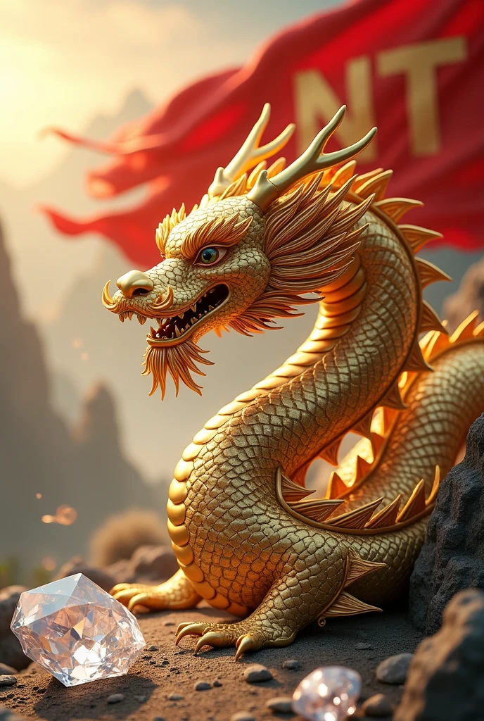 Chinese style golden dragon,Dragon on the ground,see diamond crystal,golden chain,,background chinese style,Mountains and rivers,dragon huge,background flag waving,The flag writes the letters NT,Diamonds scattered on the ground