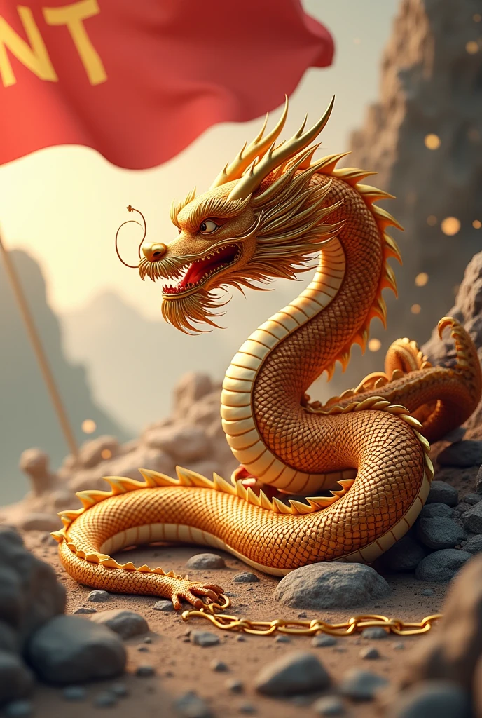 Chinese style golden dragon,Dragon on the ground,see diamond crystal,golden chain,,background chinese style,Mountains and rivers,dragon huge,background flag waving,The flag writes the letters NT,Diamonds tered on the ground