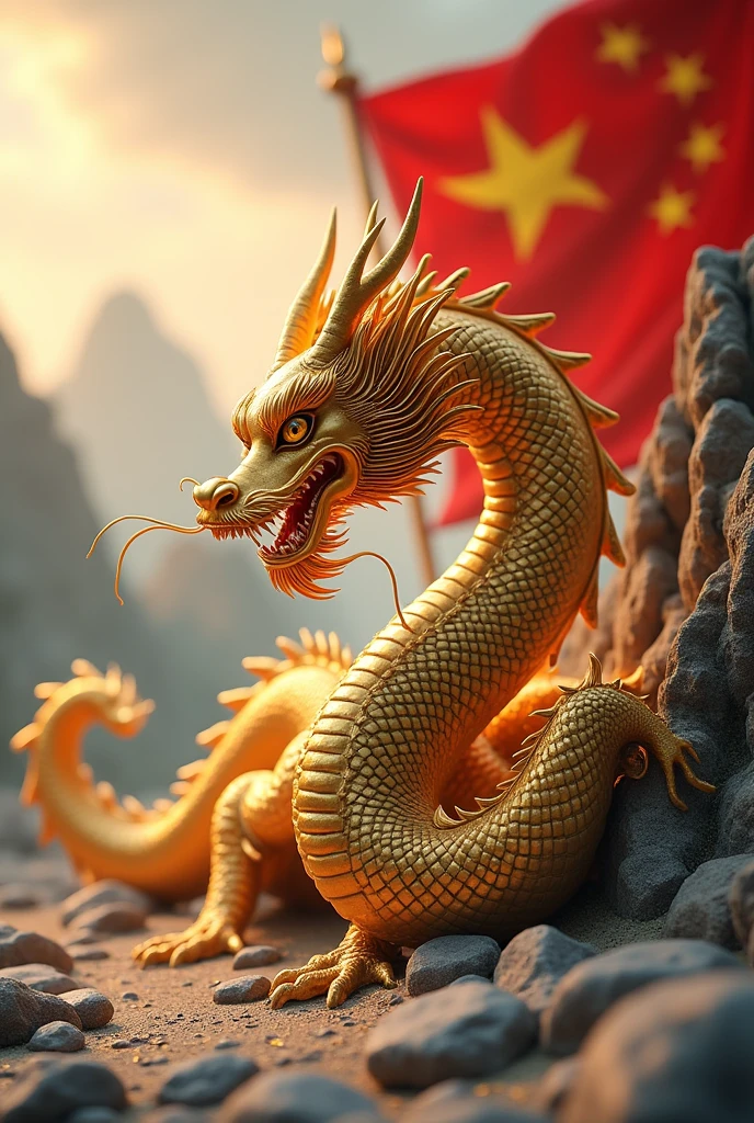 Chinese style golden dragon,Dragon on the ground,see diamond crystal,golden chain,,background chinese style,Mountains and rivers,dragon huge,background flag waving,The flag writes the letters NT,Diamonds scattered on the ground