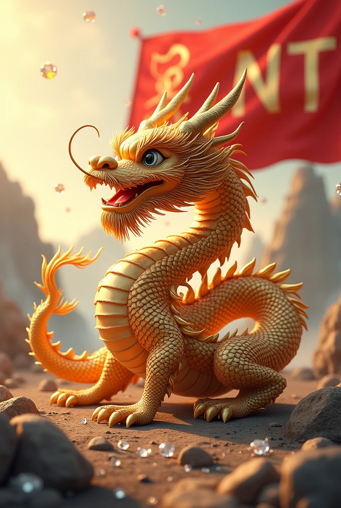 Chinese style golden dragon,Dragon on the ground,see diamond crystal,golden chain,,background chinese style,Mountains and rivers,dragon huge,background flag waving,The flag writes the letters NT