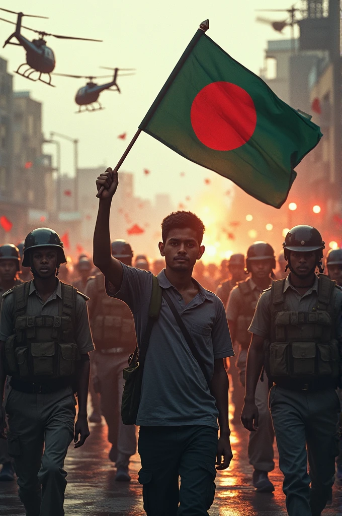 Creat an image for me where the Bangladeshi students are protesting with BD flag in the Dhaka city for justice and Police, RAB, BGB are open firing to kill their from in front them and from helicopters and over the image must visible the text is "Gen-Z on Fire 24"
