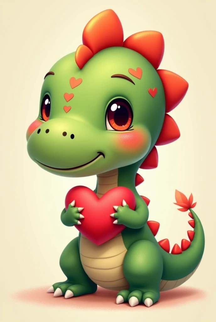 Cute and adorable dinosaur holding a heart, with short red hair and green skin, heart shaped moles, shining eyes, rosy cheek