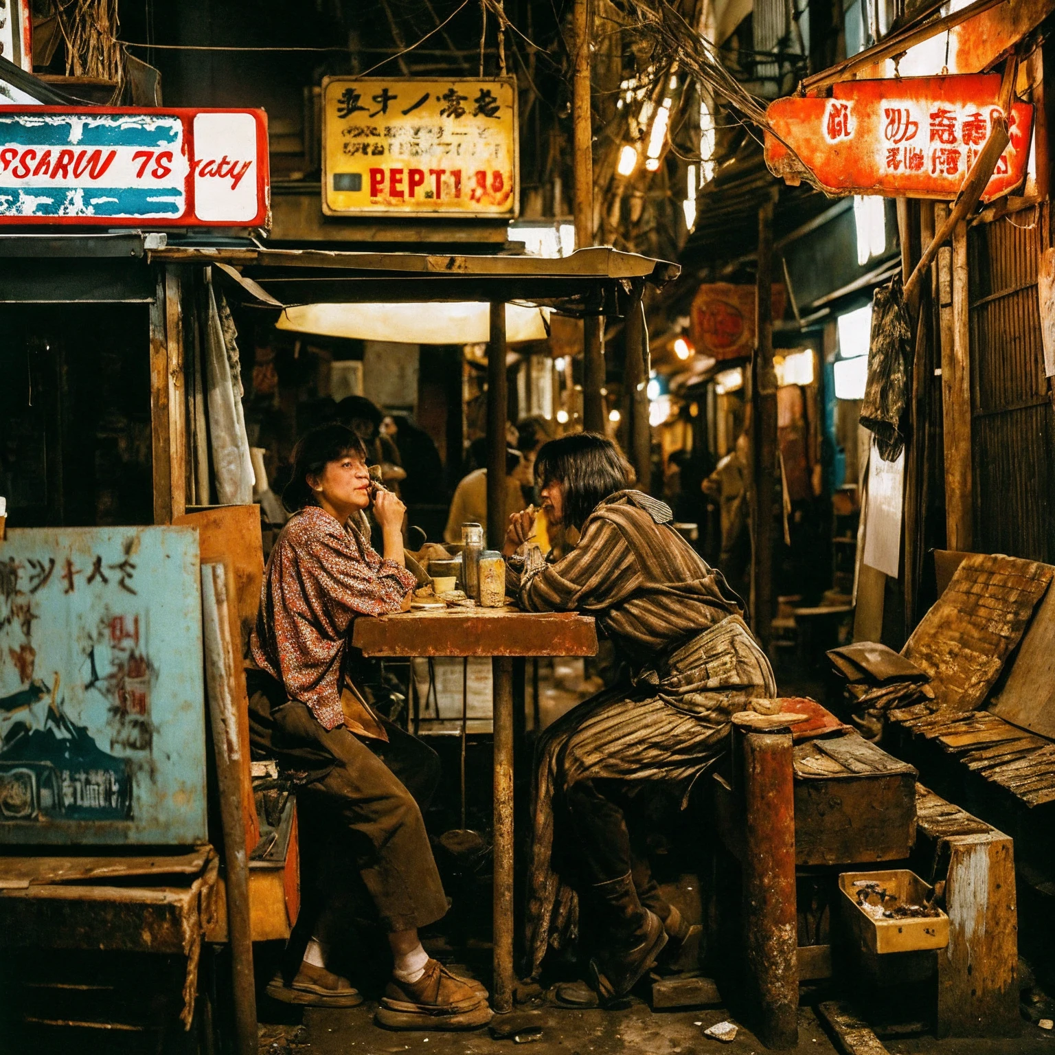 ((masterpiece、Highest quality))、Poor conditions、Japan 1980s, Dirty Standing Tavern、Old and dirty store, Unsanitary and dirty downtown Tokyo, Japan Streets, Cute girl working at the store、Customers eating and drinking、Rusted corrugated iron, Unhygienic restaurant, in the Tokyo cityscape, Kodachrome : : 8k yen, Vintage Photography, Printed matter from the 1970s