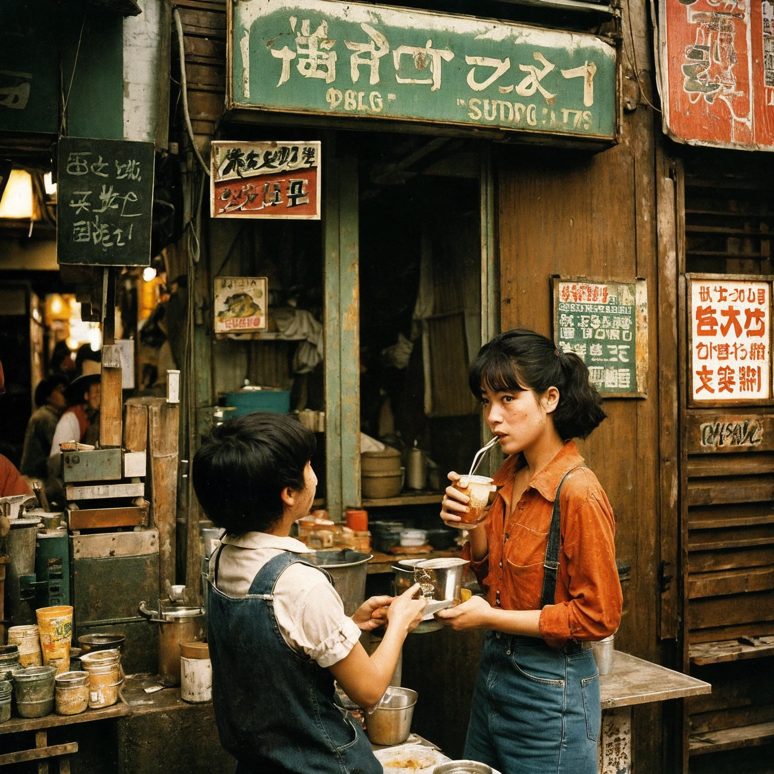 ((masterpiece、Highest quality))、Poor conditions、Japan 1980s, Dirty Standing Tavern、Old and dirty store, Unsanitary and dirty downtown Tokyo, Japan Streets, Cute girl working at the store、Poor workers、Rusted corrugated iron, Unhygienic restaurant, in the Tokyo cityscape, Kodachrome : : 8k yen, Vintage Photography, Printed matter from the 1970s