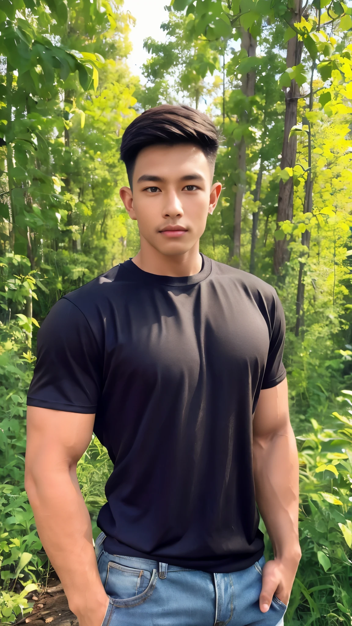 Forearm , A handsome young man stood, (have a mustache:1) ,(Buzzcut:1.1), (short hair:1.2), The forearm is muscular.., (Tight T-shirt:1.5),(black shirt:1.5),jeans, big muscles, Handsome and muscular, full body angle, (Fitness:1.1), natural light 