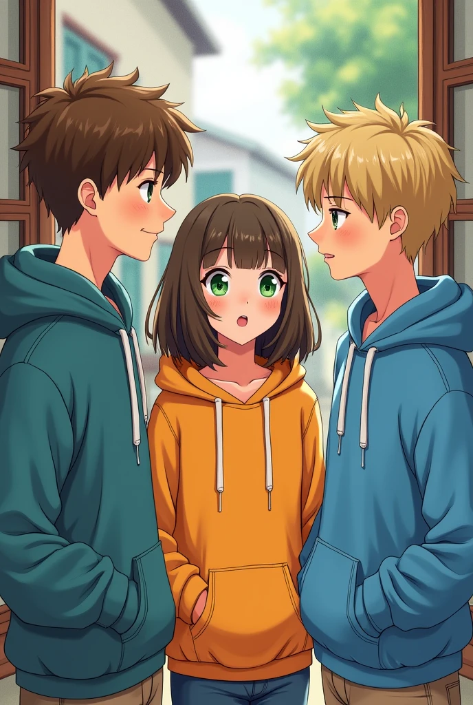 3 people talking 2 boys and a girl, All 3 of them are wearing kangaroo-type sweatshirts, The girl with green eyes and bangs, hair below her shoulders and of medium height, The first boy is tall with medium-short brown hair, Brown eyes, the second boy is tall with green eyes, medium blonde hair, a sketch please, thank you, mas alta la chica y el otro chico de poleron azul igual y con Brown eyess el chico rubio ojos verdes la chica con pelo mas largo y mas alta, HIGHER and different position, not so lively, but real life, mas altala chica, different position other,more real emmmmmm almost, the girl another position with a background behind a house but inside the house that 2 men