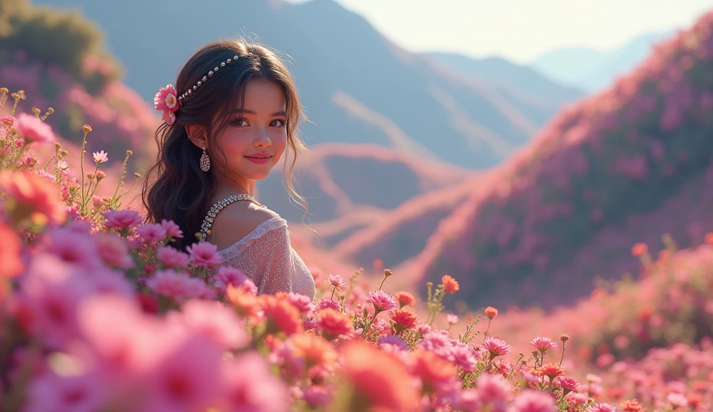 "Generate an image of a fantastical landscape filled with a multitude of colorful flowers in a smooth, undulating valley. In the center, place a beautiful girl wearing diamond pearls. Her face should shimmer and glitter, with glossy lips and radiant skin that reflects the vibrant hues of the surroundings."

You can use this prompt with AI image generators like DALL-E, Midjourney, or Stable Diffusion to create a visual representation of your imagined world. Smooth 3d sharp and clear hd images 