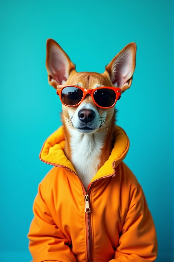 The best cell phone wallpaper, Award-Winning Wallpaper, portrait photography, In the front view is a portrait of a cute dog wearing mid-1960s space age fashion, Side view photo, Shot with Canon EOS R5, Set a strong contrast that accentuates the subject, Fluorescent blue tone, Wearing a very modern coat and sunglasses is a modern 1960s style, Clothes all in one color, beautiful background