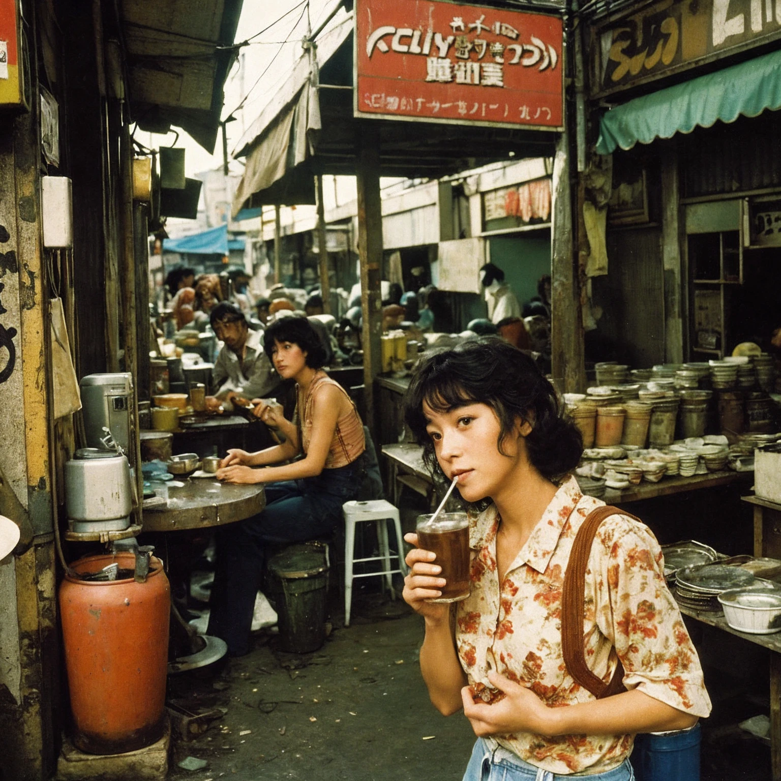 ((masterpiece、Highest quality))、Poor conditions、Japan 1980s, Dirty Standing Tavern、Old and dirty store, Unsanitary and dirty downtown Tokyo, Japan Streets, Cute girl working at the store、Customers eating and drinking、Rusted corrugated iron, Unhygienic restaurant, in the Tokyo cityscape, Kodachrome : : 8k yen, Vintage Photography, Printed matter from the 1970s
