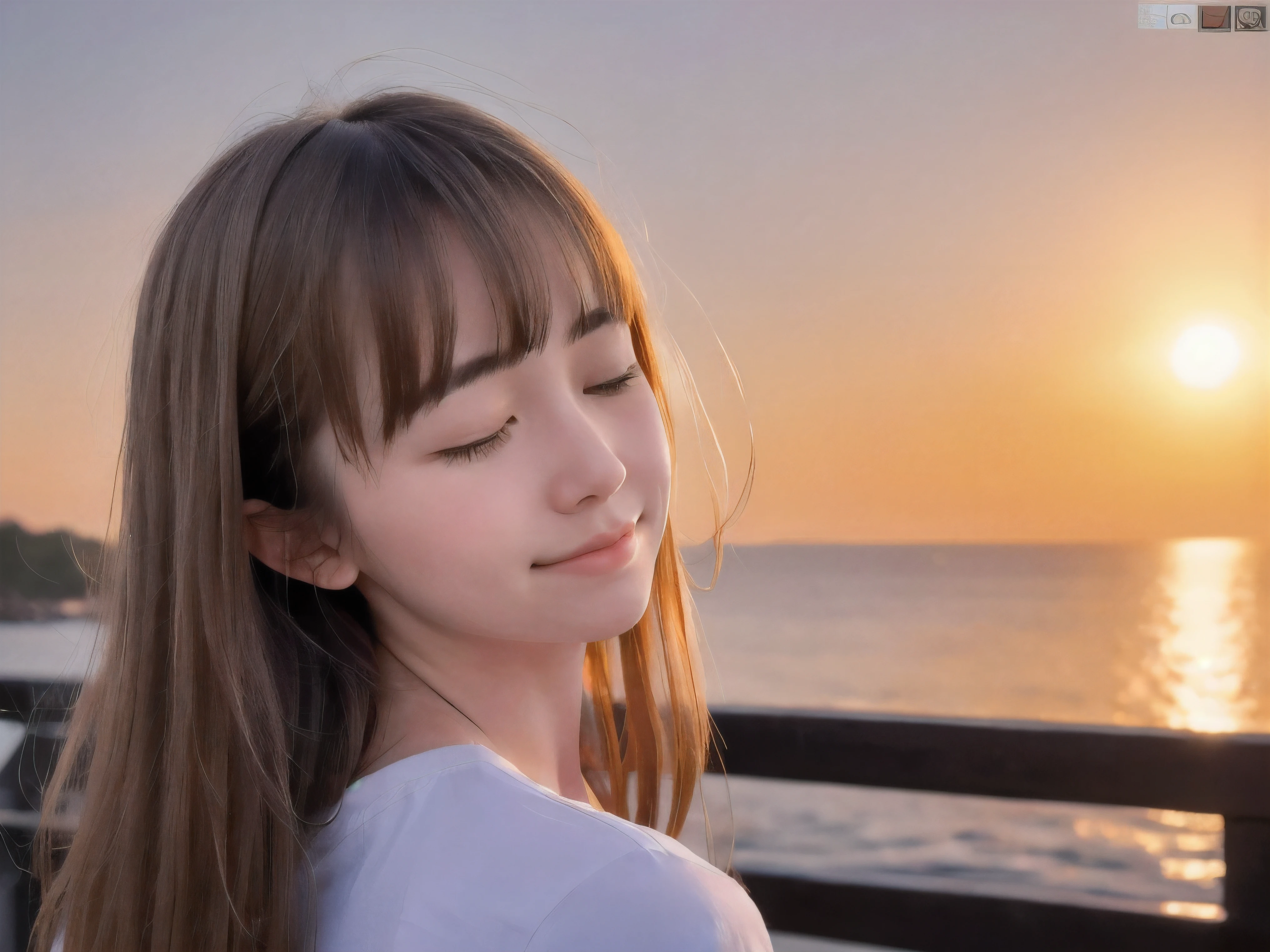 (Close up face shot of slender small-breasted half up blonde long hair with bangs girl wearing a white T-shirt only:1.5)、(One blonde hair girl is looking back and small smile with closed eyes on the coast in Japan:1.5)、(Beautiful after sunset red sky with big red cloud:1.5)、(blurred background:1.5)、(Natural light:1.5)、(8k ultra detailed master piece:1.5)、(perfect anatomy:1.5)、(Photorealistic stick:1.5)、(Raw photo:1.3)、(highest quality:1.5)、(High resolution:1.3)、(Delicate and beautiful perfect face:1.3)、(Delicate and beautiful eye air skin:1.3)、(Real Human Skin:1.3)、((thin legs))