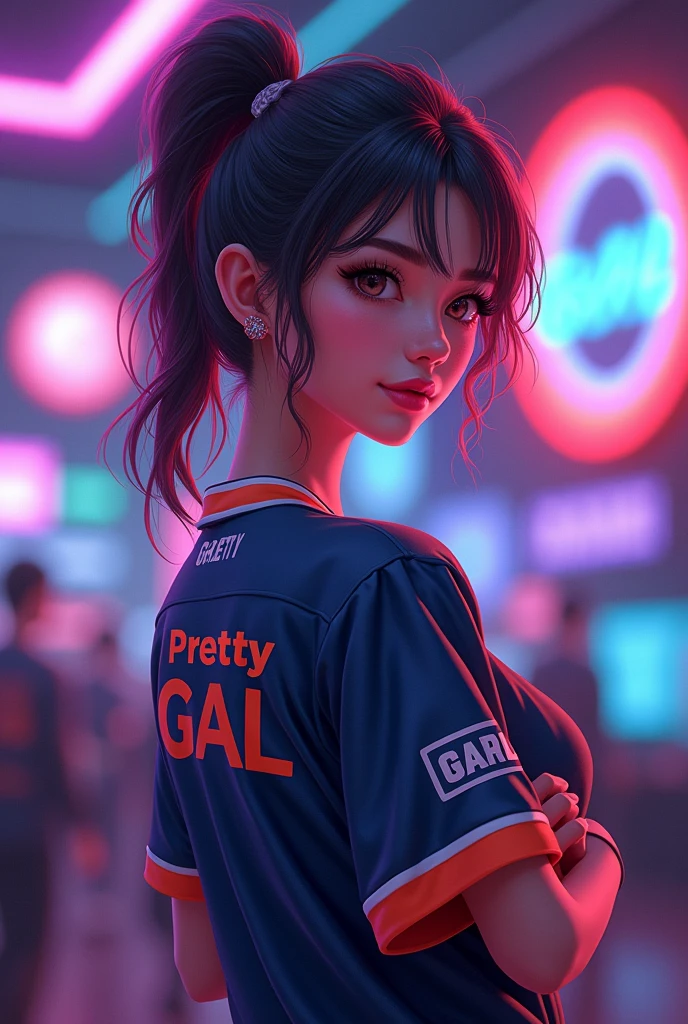 A young woman with esports jersy and has a "Pretty GAL" name on the back