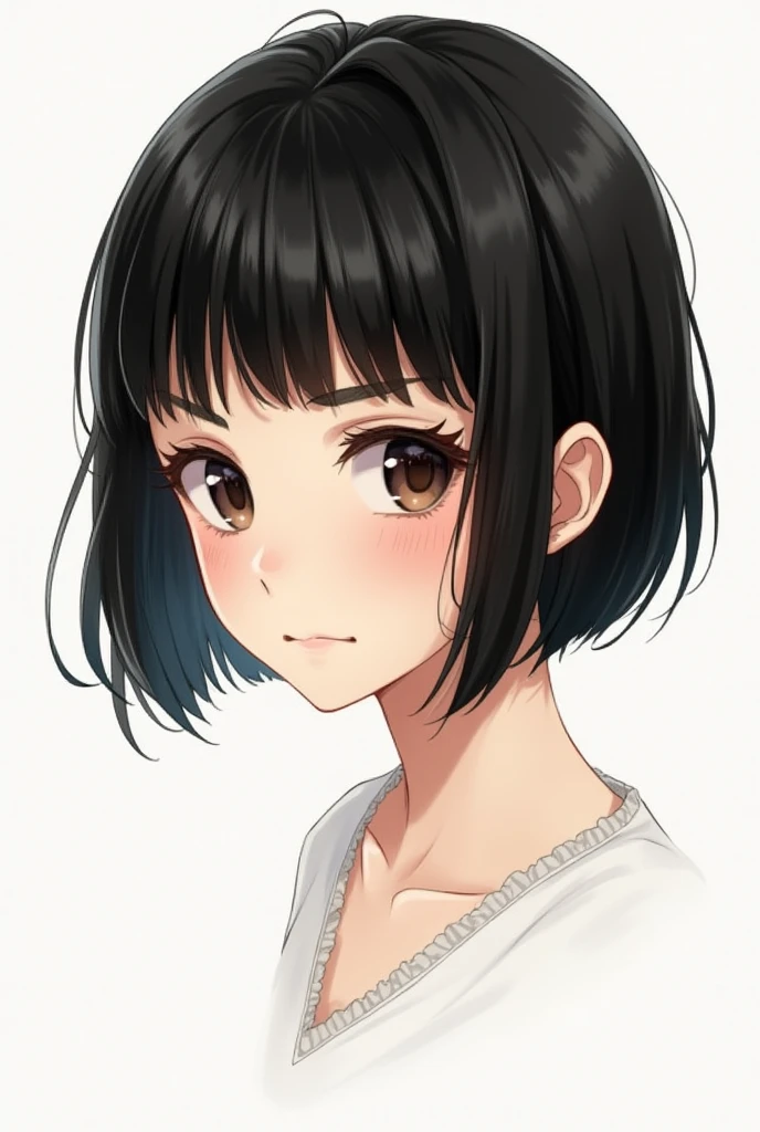 Drawing of a girl with short black hair and dark brown eyes 