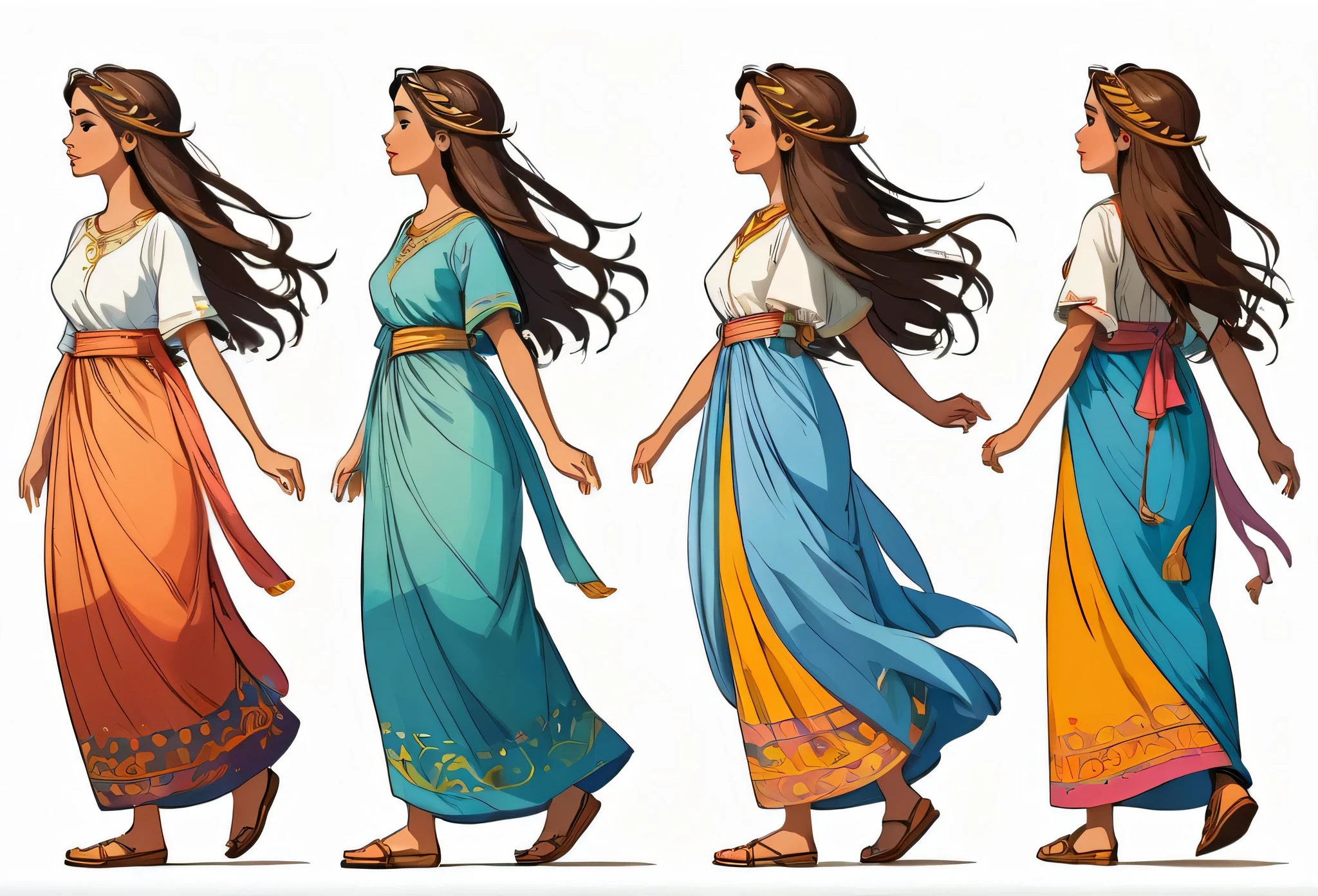  bible story, Sarah walking, character design. Front view and side view. White background 
 (masterpiece best quality:1.2) delicate illustration ultra-detailed, illustrations, bright, colourful, 