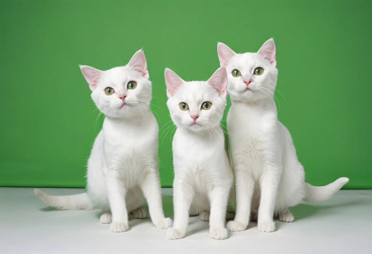 ３White Cat, ((The Flehmen phenomenon, Standing and dancing, Front legs spread out to the left and right)), ((Green Screen Background:1.5)), Close-up of two cats&#39; faces, Rough Collage