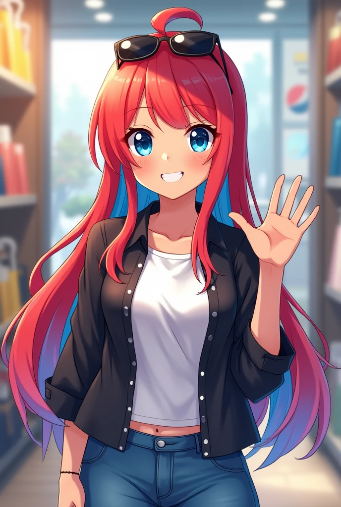 A girl with long red and blue hair, She has bright blue eyes, On top of her head are sunglasses, she has a smile on her face, waving happily, she is dressed in A black blouse, a white t-shirt, jeans and simple shoes, she has one hand on her waist And he is waiting for his friend in a store.
