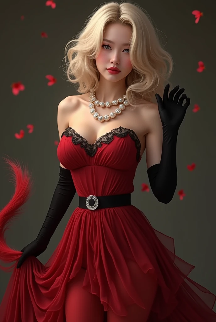 (masterpiece, best quality), beautiful woman,, blonde woman, perfect body, wavy hair, perfect face, beautiful face, exited, happy, age, 17, small breast, looking at viewer, horny, mischievous grin, full body, solo, (detailed short hair:1.2), submissive, (perfect happy eyes), open mouth, long fluffy tail, solo, beautiful medium breast,), v1ntag3dr3ss, black laced gloves, red dress, glass pearl necklace, (satin ribbon belt:1.2), (masterpiece:1.2), (highly detailed:1.2), (intricate:1.2), (best quality:1.2),(8k:1.2), (elegant:1.2), (sharp:1.2), (majestic:1.2), cinematic light, vivid color, grey panties