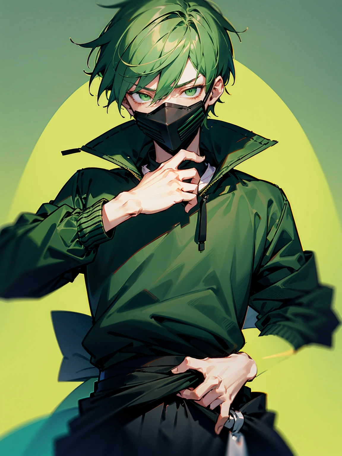 1male, green hair, short hair, green eyes,mask, green varsity jacket, black sweatshirt, black sweatpants, tied to waist, sleepy expression