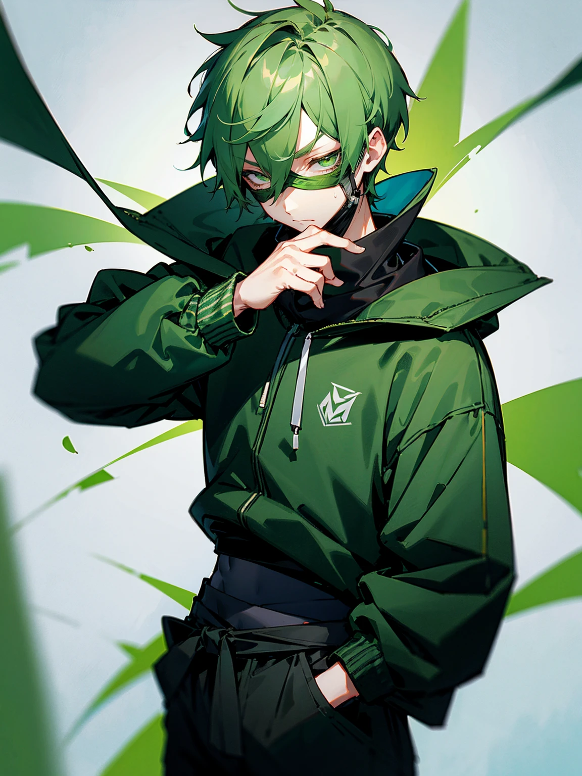 1male, green hair, short hair, green eyes,mask, green varsity jacket, black sweatshirt, black sweatpants, tied to waist, sleepy expression