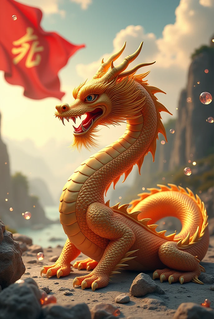 Chinese style golden dragon,Dragon on the ground,see diamond crystal,,background chinese style,Mountains and rivers,dragon huge,background flag waving,The flag writes the letters NT,Diamonds scattered on the ground