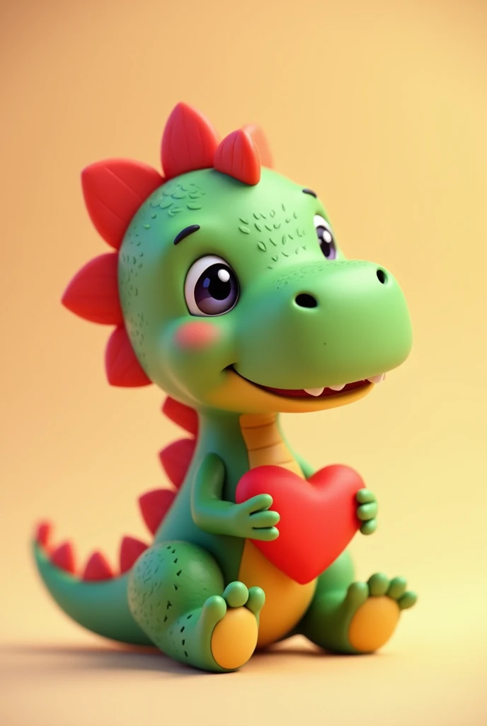 Cute and adorable dinosaur holding a heart, with short red hair and green skin