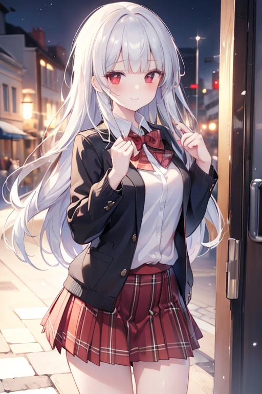 ((masterpiece, best quality, highres, UHD, perfect pixel, depth of field)), (smooth CG, photorealistic:1.1, realistic texture, detailed face), Rio, 1girl, medium breasts, seductive, busty, smile, natural light, cinematic, silver hair, long hair, blunt bangs, (red eyes, beautiful pupils), (school uniform, cardigan, red bowtie, plaid skirt, black jacket), street view, dynamic pose, pov, look at viewer, blushing