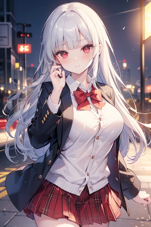((masterpiece, best quality, highres, UHD, perfect pixel, depth of field)), (smooth CG, photorealistic:1.1, realistic texture, detailed face), Rio, 1girl, medium breasts, seductive, busty, smile, natural light, cinematic, silver hair, long hair, blunt bangs, (red eyes, beautiful pupils), (school uniform, cardigan, red bowtie, plaid skirt, black jacket), street view, dynamic pose, pov, look at viewer, blushing