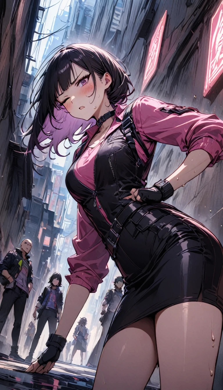 {{standing on one knee:1.6}},{{knee up:1.6}},{{Hold one hand on the side of the body:1.6}},Hold the arm with one hand,Dynamic composition,dutch angle,from below,from side,solo,170cm tall female, theatrical animation style,{{Black pantyhose:1.2}}, Power Rangers pre-transformation heroine,{{Futuristic zip-up police shirts with collar}}, Long-sleeved shirt with rolled-up arms,{{Pink-based shirt:1.6}},pink shirt,BLACK PENCIL SKIRT, BLACK SKIRT,,{{small face:1.8}},{{Grit your teeth:1.4}},{{fighting stance:1.6}}{{fight:1.6}}{{masterpiece}}, {{{Highest quality}}},{{Very detailed}},{{Pain ,Suffering}},one eye closed,{{critical situation:1.6}},{}},1girl,30years old,{Mature Woman}},{{}},{{Grit your teeth:1.4}},,{{v-shaped eyebrows}},Bad mood,blush,Sweat,raise one's eyebrows、black fingerless gloves,Bad mood,profound,Beautiful thighs,clavicle、chest holster,BLACK Long Hair,Blunt bangs,Alley,Black Choker,belt