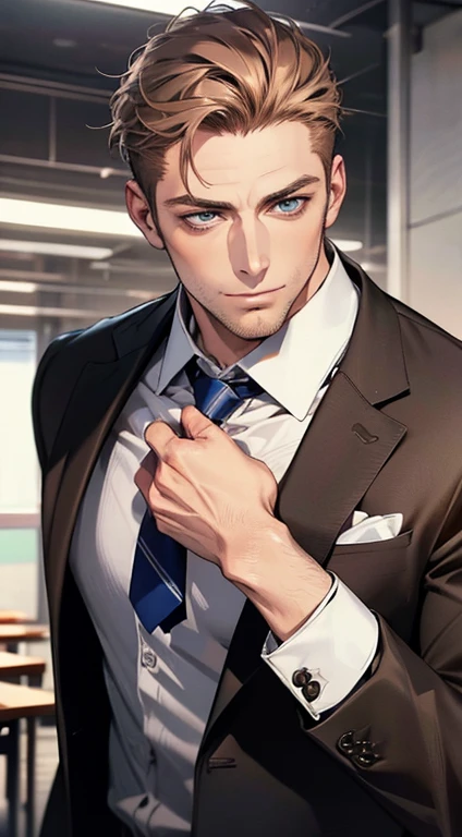(best quality,4k,8k,highres,masterpiece:1.2),ultra-detailed,(realistic,photorealistic,photo-realistic:1.37),1 man,31 years old,mature man,very handsome,without expression,smile,short grey brown hair,blue eyes,penetrating gaze,perfect face without errors,imposing posture,businessman,office background,cinematic lighting,hdr image