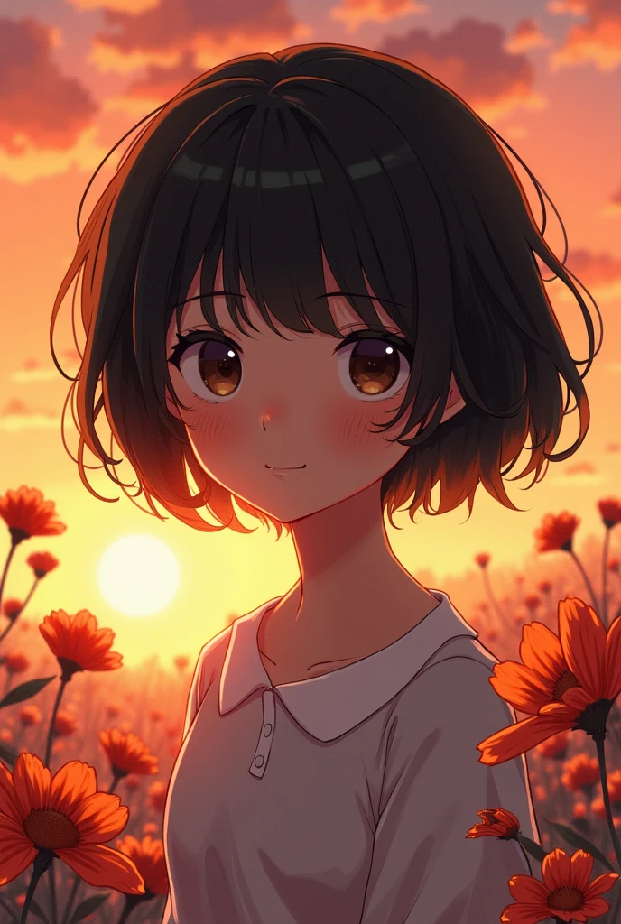 Drawing of a girl with short black hair and dark brown eyes with flowers at sunset