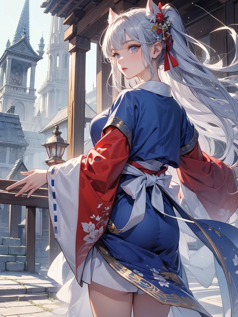 Adult girl, long white hair, high ponytail, brown eyes, goddess hanfu, sword, Dao, Masterpiece, best quality, Full HD, 8k, ultra details, great graphic