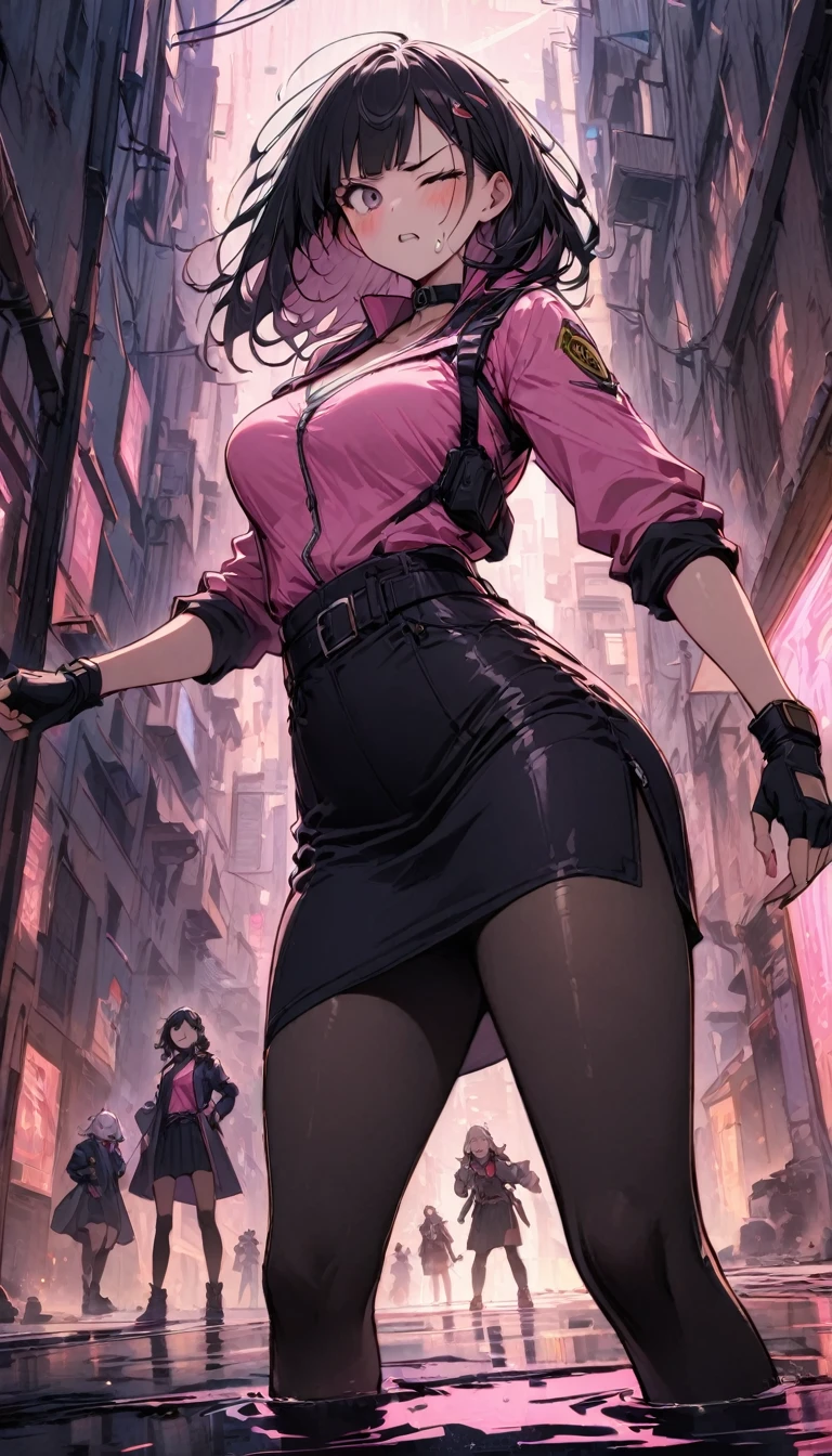 {{standing on one knee:1.6}},{{knee up:1.6}},{{Hold one hand on the side of the body:1.6}},Hold the arm with one hand,Dynamic composition,dutch angle,from below,from side,solo,170cm tall female, theatrical animation style,{{Black pantyhose:1.2}}, Power Rangers pre-transformation heroine,{{Futuristic zip-up police shirts with collar}}, Long-sleeved shirt with rolled-up arms,{{Pink-based shirt:1.6}},pink shirt,BLACK PENCIL SKIRT, BLACK SKIRT,,{{small face:1.8}},{{Grit your teeth:1.4}},{{fighting stance:1.6}}{{fight:1.6}}{{masterpiece}}, {{{Highest quality}}},{{Very detailed}},{{Pain ,Suffering}},one eye closed,{{critical situation:1.6}},{}},1girl,30years old,{Mature Woman}},{{}},{{Grit your teeth:1.4}},,{{v-shaped eyebrows}},Bad mood,blush,Sweat,raise one's eyebrows、black fingerless gloves,Bad mood,profound,Beautiful thighs,clavicle、chest holster,BLACK Long Hair,Blunt bangs,Alley,Black Choker,belt