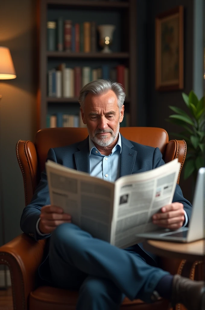 A Man siting with his computer and holding a newspaper nodding with satisfaction