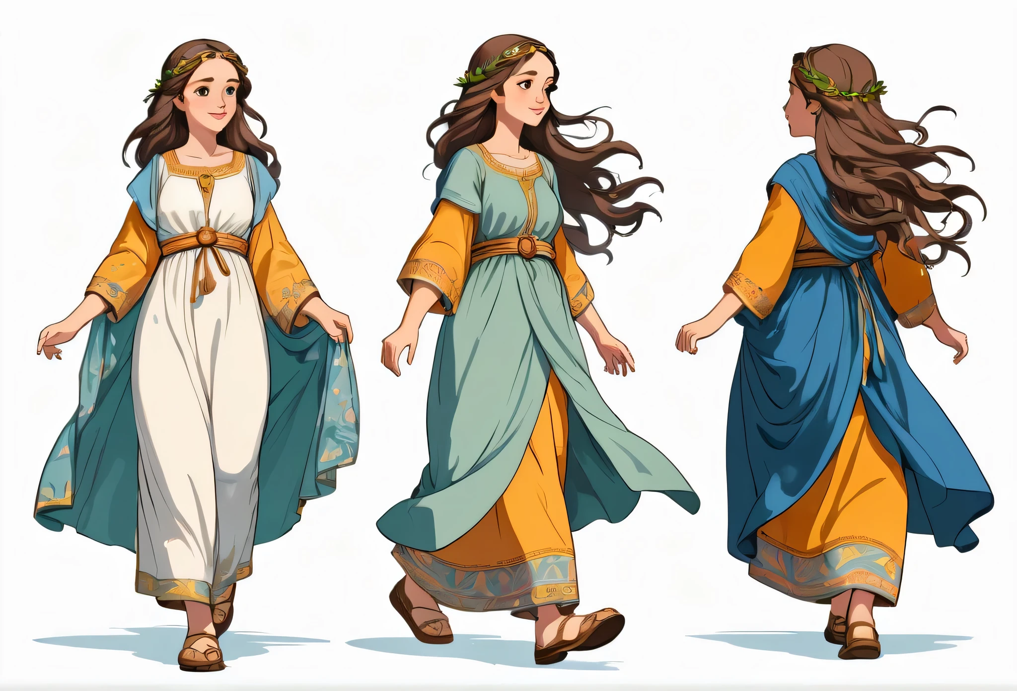  bible story, Sarah walking, character design. Front view and side view. White background 
 (masterpiece best quality:1.2) delicate illustration ultra-detailed, illustrations, bright, colourful, 