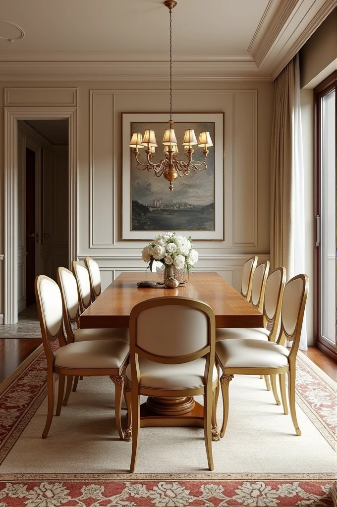 Professional 3d architecture rendering design of modern and French design for living room and dining room with elegant wooden with gold dining table and eight elegant French chairs with beautiful silk cream perso carpet