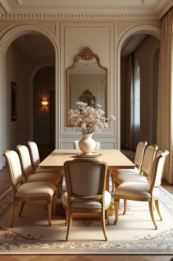 Professional 3d architecture rendering design of modern and French design for living room and dining room with elegant wooden with gold dining table and eight elegant French chairs with beautiful silk cream perso carpet