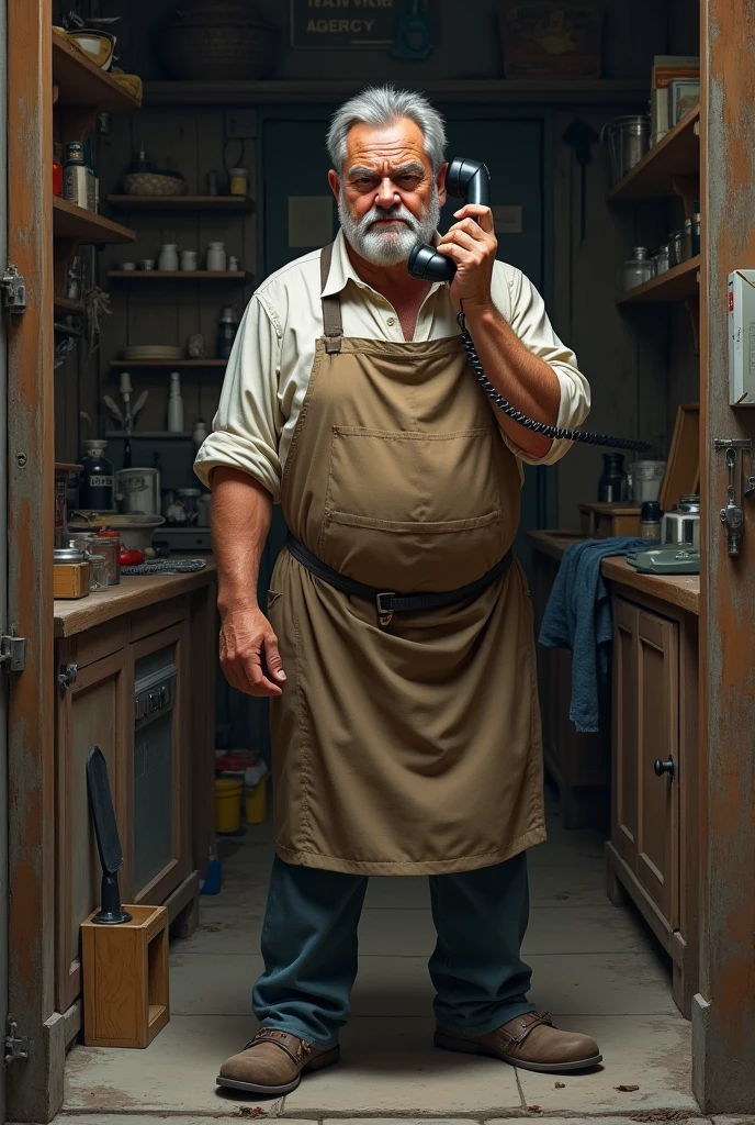 The shopkeeper is a middle-aged man with a stern expression. He is wearing a traditional apron over his clothes, with rolled-up sleeves, indicating he's been working hard. He has a stocky build, graying hair, and is holding a phone in one hand, ready to call the authorities.