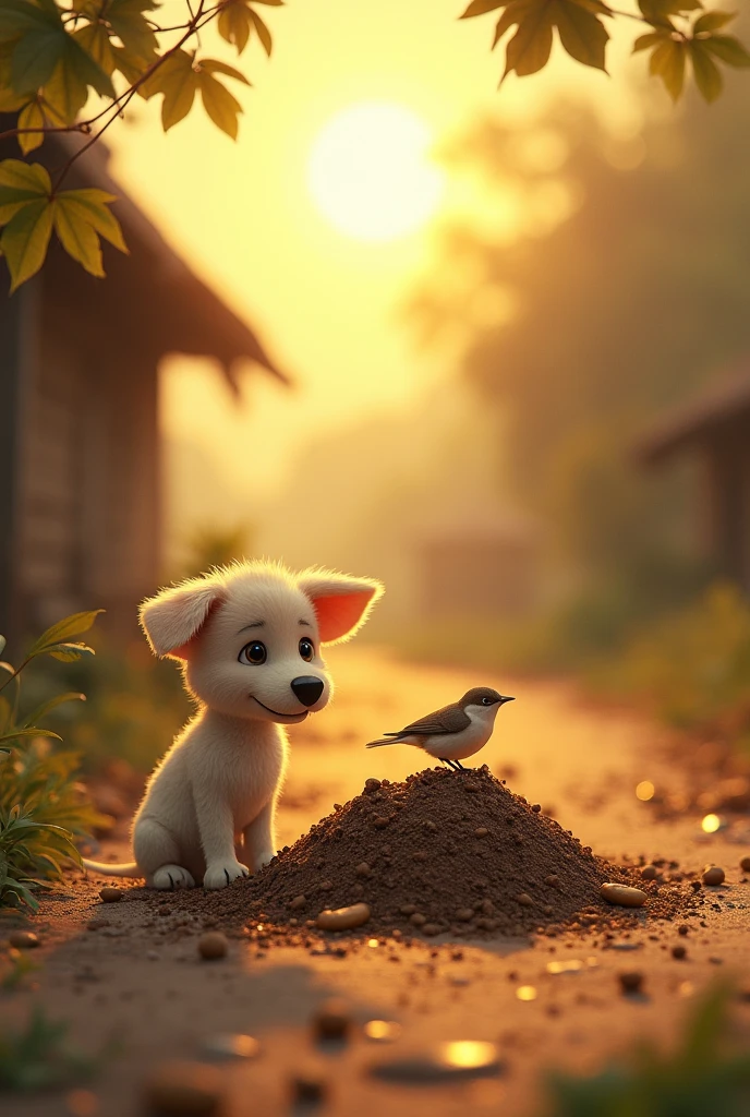 There was a bird. Her name was Chinchi. There was a day when the little bird was sitting next to the cow and was nibbling on the grains. Suddenly the cow dung and the bird got buried in the dung and it could not fly and a dog came from the other side. The bird said to him, "Brother dog, pull me out." The dog said, "If I pull it out, I will eat you." The bird said, "Yes, eat it." The dog pulled the bird out of the dunghill. Now the bird said wash me. The dog took the bird to Connell. He washed the bird and started eating it. The bird said, "Teach me, then eat." The dog placed the bird in the sun. In a little while
The bird's wings dried up and it flew away again. Katamna watched.