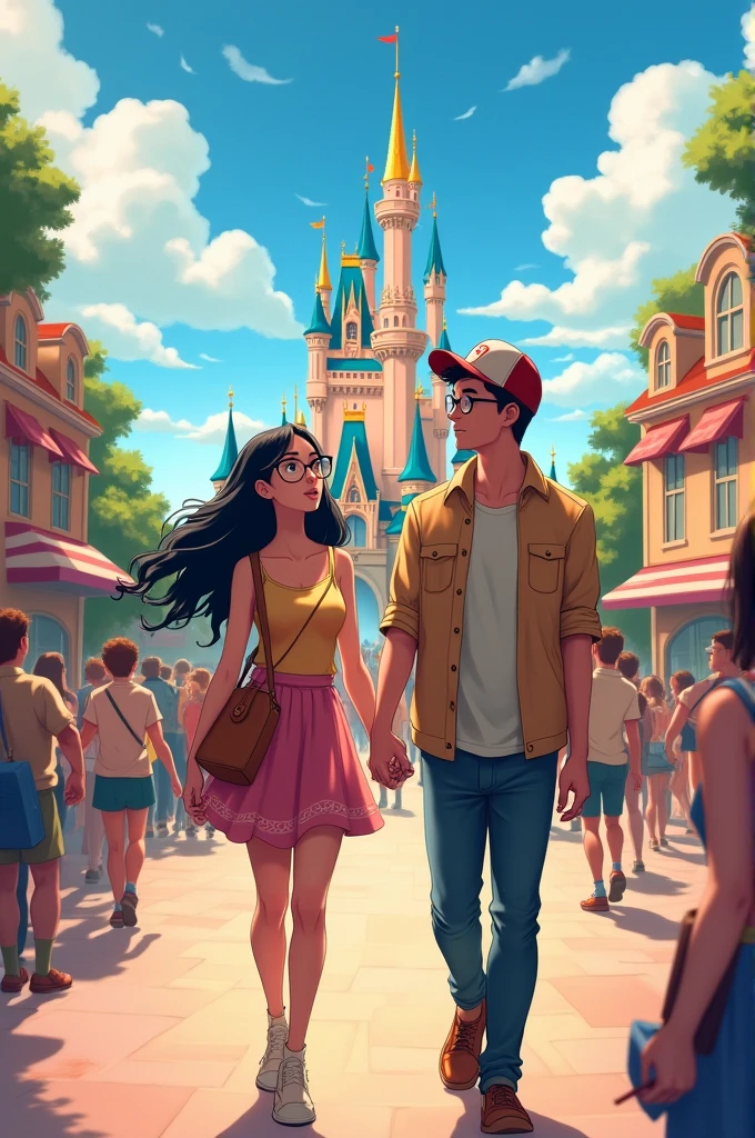 couple in disneyland the girl with black hair and glasses and the boy with a hat
