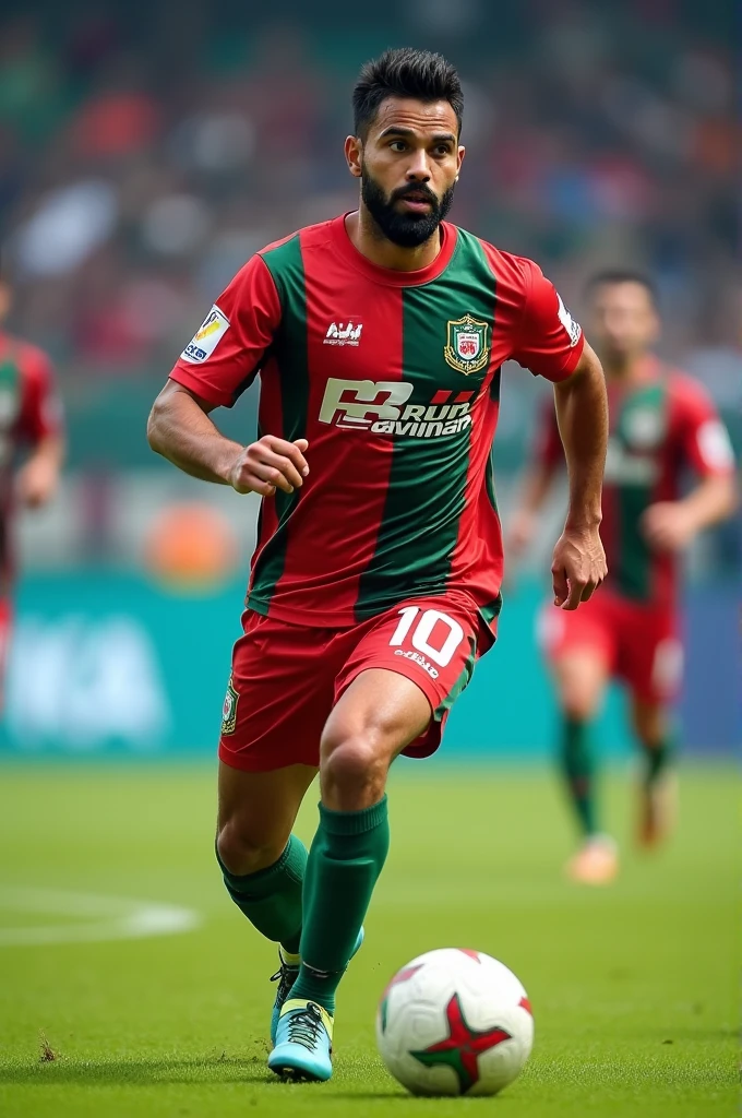 Created an AI image of an 27 years old man with short beards. Playing football wearing Mohun Bagan original Jersey with written number 10 and Name - Arnab Datta on Back and front of the jersey.