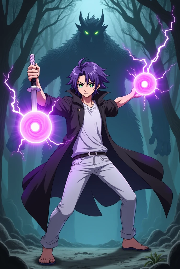 In an anime-style scene set in a dense, mystical forest, a Genshin Impact-inspired character stands tall at 187 cm. He has average but distinct features with purple hair styled in a mullet haircut, green eyes, and a soft but fierce expression. His left eye is flaring with a green glow. He is dressed in a black overcoat, white pants, and a white T-shirt. The character is shown in a full-body, dynamic pose, swinging a katana sword with his left hand. The katana is enveloped in crackling purple lightning. Behind him, three glowing purple mana circles with lightning energy hover, displaying his magical power.In the background, a large, menacing dragon emerges from the shadows, setting an intense battle atmosphere in the wooded scenery. Also he has magical eye stream on his left eye violet color
