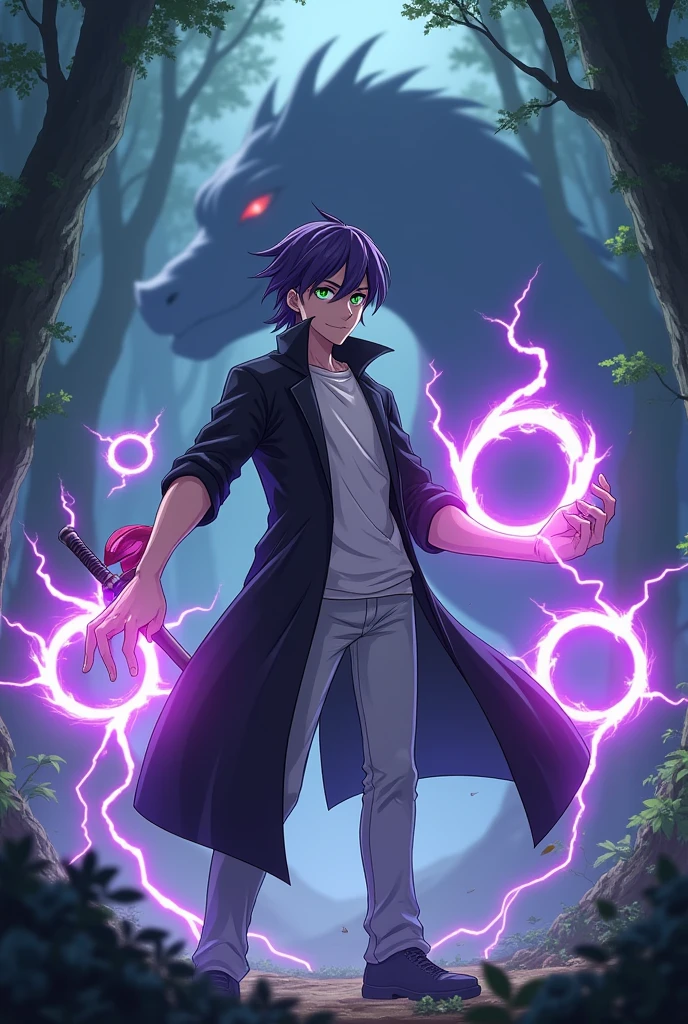In an anime-style scene set in a dense, mystical forest, a Genshin Impact-inspired character stands tall at 187 cm. He has average but distinct features with purple hair styled in a mullet haircut, green eyes, and a soft but fierce expression. His left eye is flaring with a green glow. He is dressed in a black overcoat, white pants, and a white T-shirt. The character is shown in a full-body, dynamic pose, swinging a katana sword with his left hand. The katana is enveloped in crackling purple lightning. Behind him, three glowing purple mana circles with lightning energy hover, displaying his magical power.In the background, a large, menacing dragon emerges from the shadows, setting an intense battle atmosphere in the wooded scenery. Also he has magical eye stream on his left eye violet color
