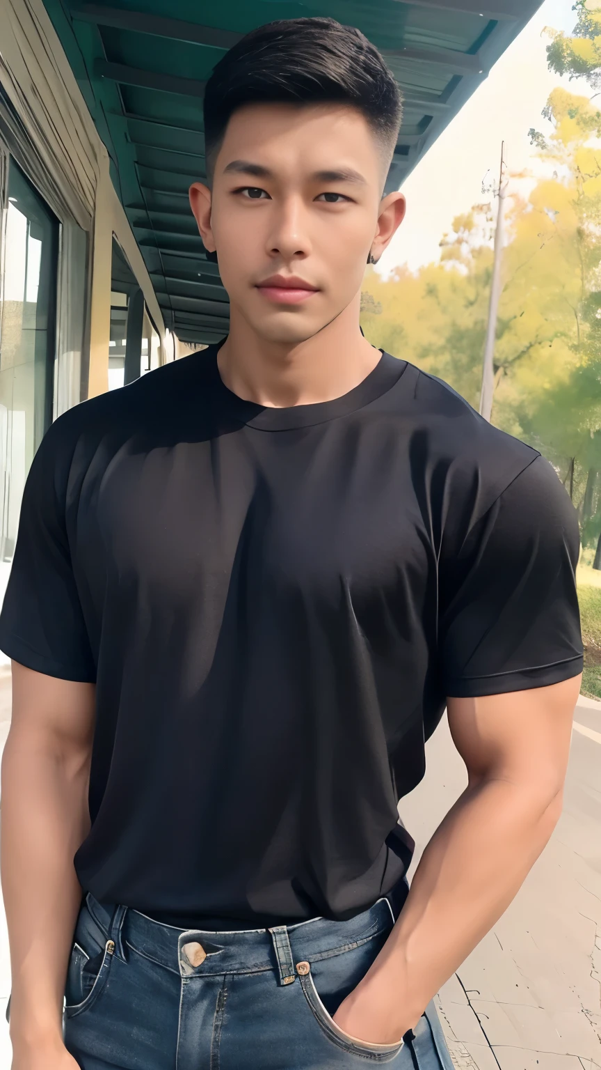 Forearm , A handsome young man stood, (have a mustache:1) ,(Buzzcut:1.1), (short hair:1.2), The forearm is muscular.., (Tight T-shirt:1.5),(black shirt:1.5),jeans, big muscles, Handsome and muscular, full body angle, (Fitness:1.1), natural light