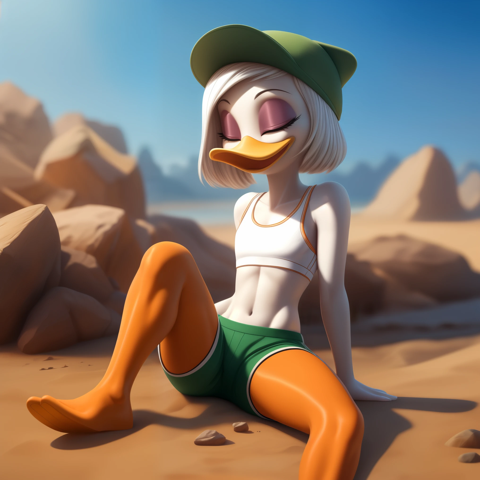 photorealism, adult female duck, Jade Duck, detailed background, outside, eyeshadow, cartoon duck beak, long front white hair, cartoon, (flat chested), (orange legs: 1.5), smiling, happy, ducktales 2017, mouth closed, cartoon webbed feet, solo 1.2, (mouth closed), cartoon webbed feet

wear green sports bra, skinny green shorts, intricate, detailed, wears green cap hat, (sitting while showing her torso)

Eyes closed, detailed, intricate, (detailed long skinny torso 2.0),

Best quality, (detailed white skin:1.6), (looking at the, 8k hd, (soft cinematic light:1.1) ,