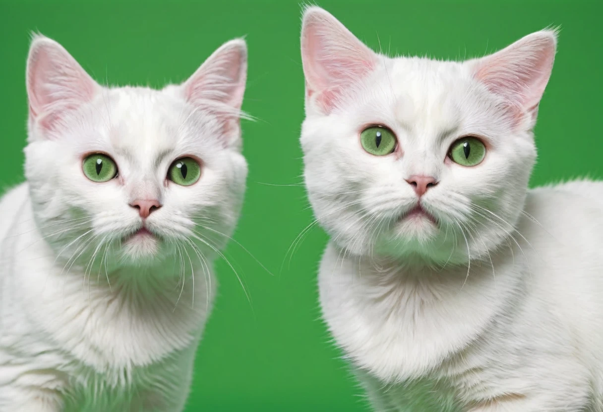 ３White Cat, ((The Flehmen phenomenon, Standing and dancing:1.5, Front legs spread out to the left and right)), ((Green screen background and ground:1.5)), Close-up of two cats&#39; faces, Rough Collage