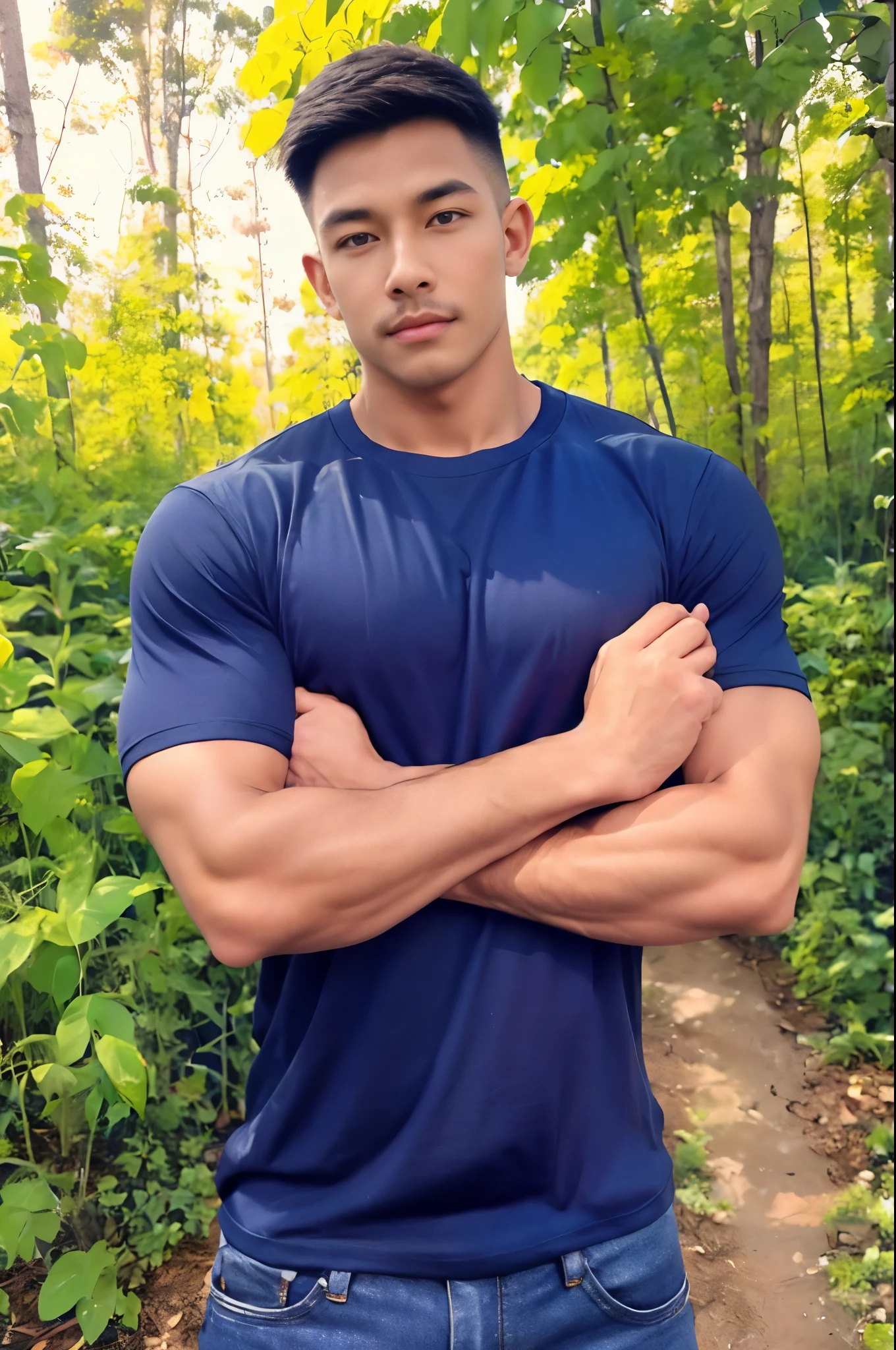 armface , Handsome young man standing, (have a mustache:1) ,(buzz cut:1.1), (short hair:1.2), The forearms are muscular., (Tight T-shirt:1.5),(Navy blue shirt:1.5),Jeans, Big muscles, Handsome and muscular, full body angle, (Fitness:1.1), natural light 