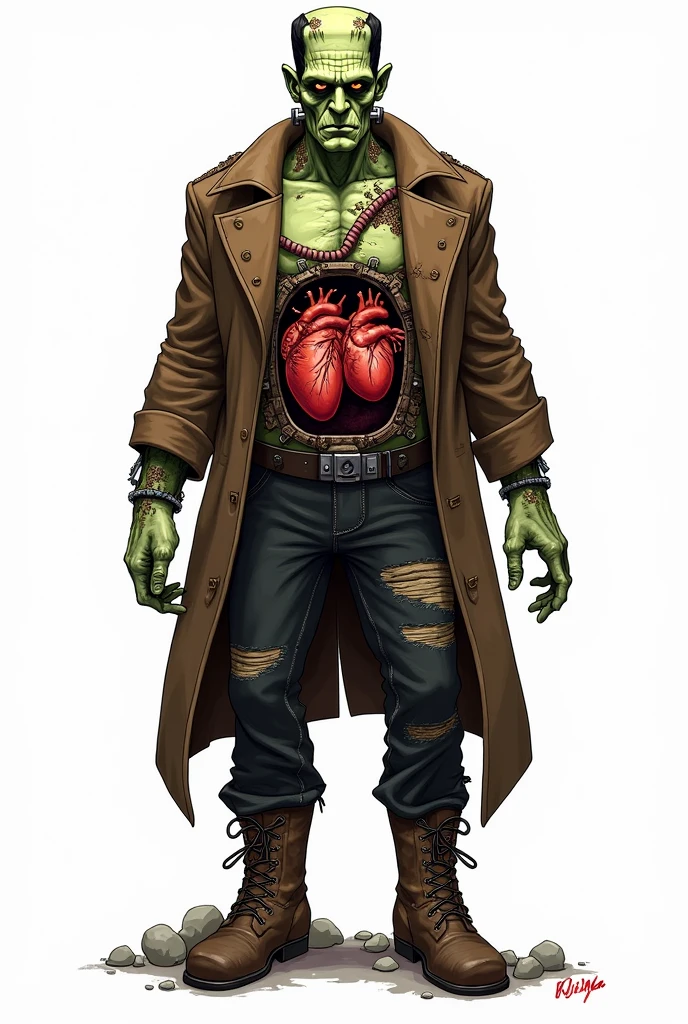 drawning, bright coloured, Frankenstein's monster, Gothic style, baldie, square forehead, greenish wrinkled skin, wearing a brown overcoat with torn sleeves, ripped black pants, boots with iron piece details, rusty iron parts throughout the body, two for rays adapted to the column, glass exposing two hearts on the belly, suture marks on forehead and arms, white background, fully body
