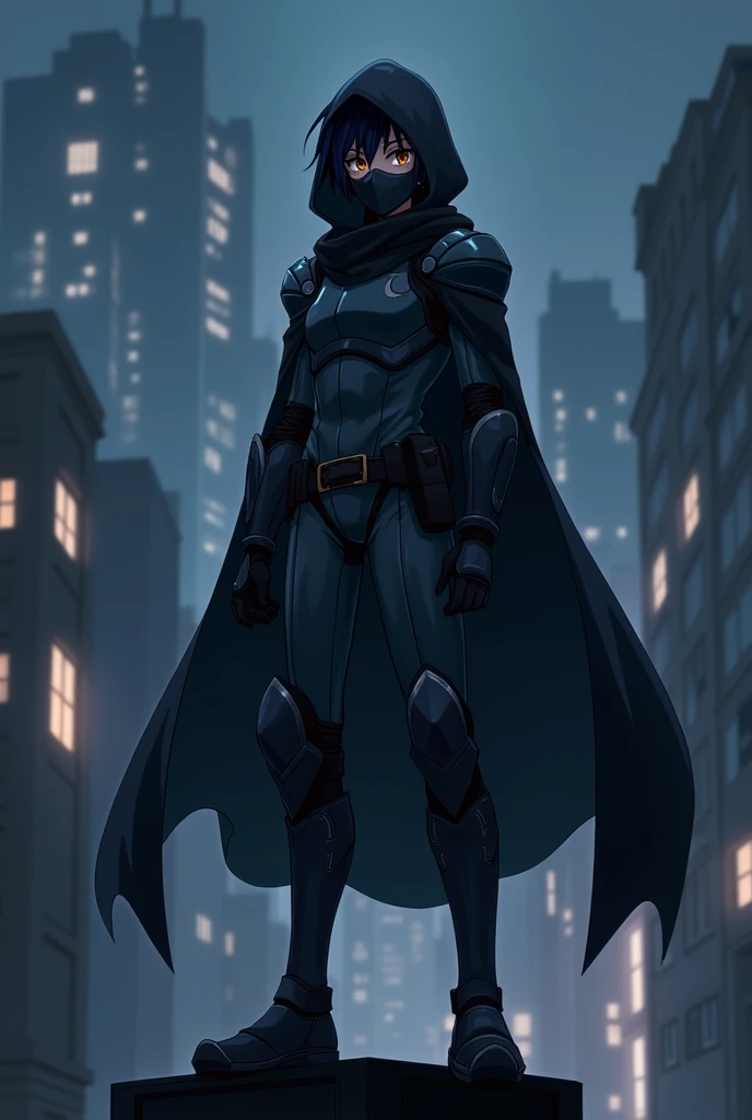 anime character, adolescent, serious face, of light armor, with dark mask, wearing a hood and black cape on top of buildings at night