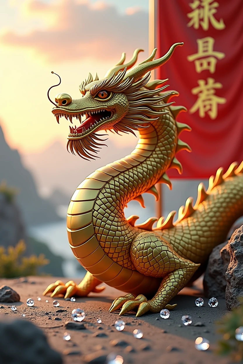 Chinese style golden dragon,Dragon on the ground,see diamond crystal,,background chinese style,Mountains and rivers,dragon huge,background flag waving,flag write"There is a lot of fire",Diamonds scattered on the ground
