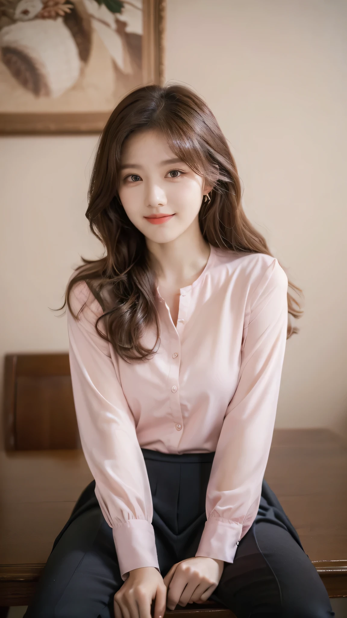 detailed background, masterpiece, best quality, 1 person , curly hair, long hair, purple eyes, star in eye, pink blouse, long skirt, sitting on dinning table.